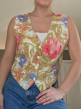 Vintage Shirt Vest with Artsy Floral Pattern & Beaded Embroidery Details